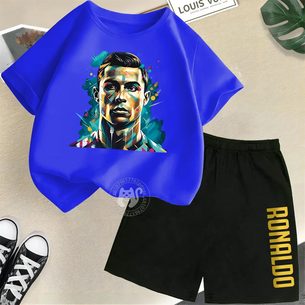 طقم صيفي للأطفال 100% قطن تي شيرتات قصيرة الاكمام + شورت لاعب كرة قدم كريستيانو رونالدو طباعة الأولاد والبنات الرياضات الخارجية se #5