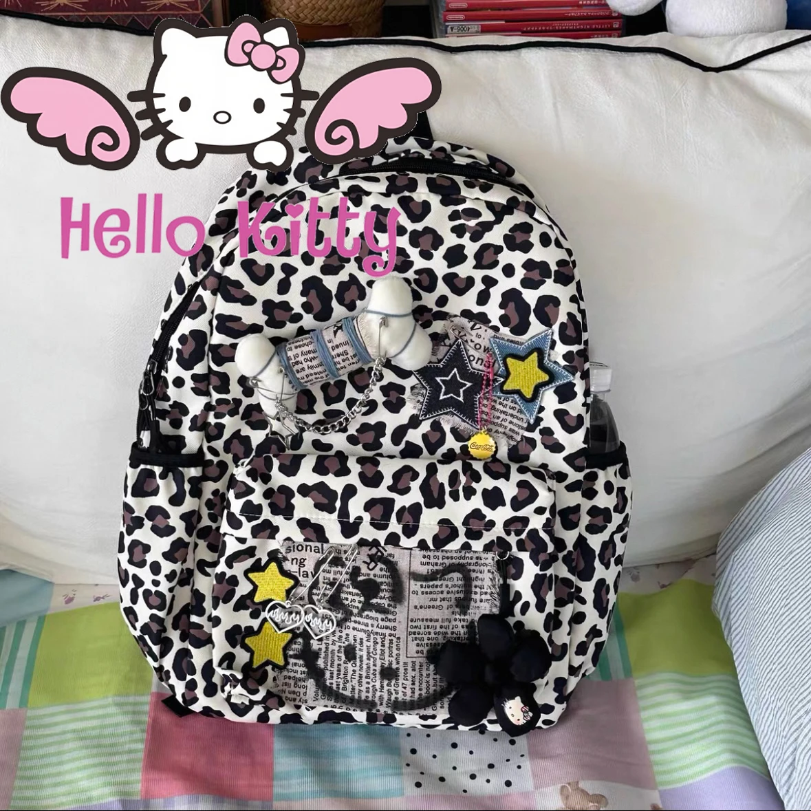 Bolso Retro con estampado de leopardo Hello kitty, estilo preppy, ocio, alta calidad, gran capacidad, mochila picante de moda para niña, regalo para niña