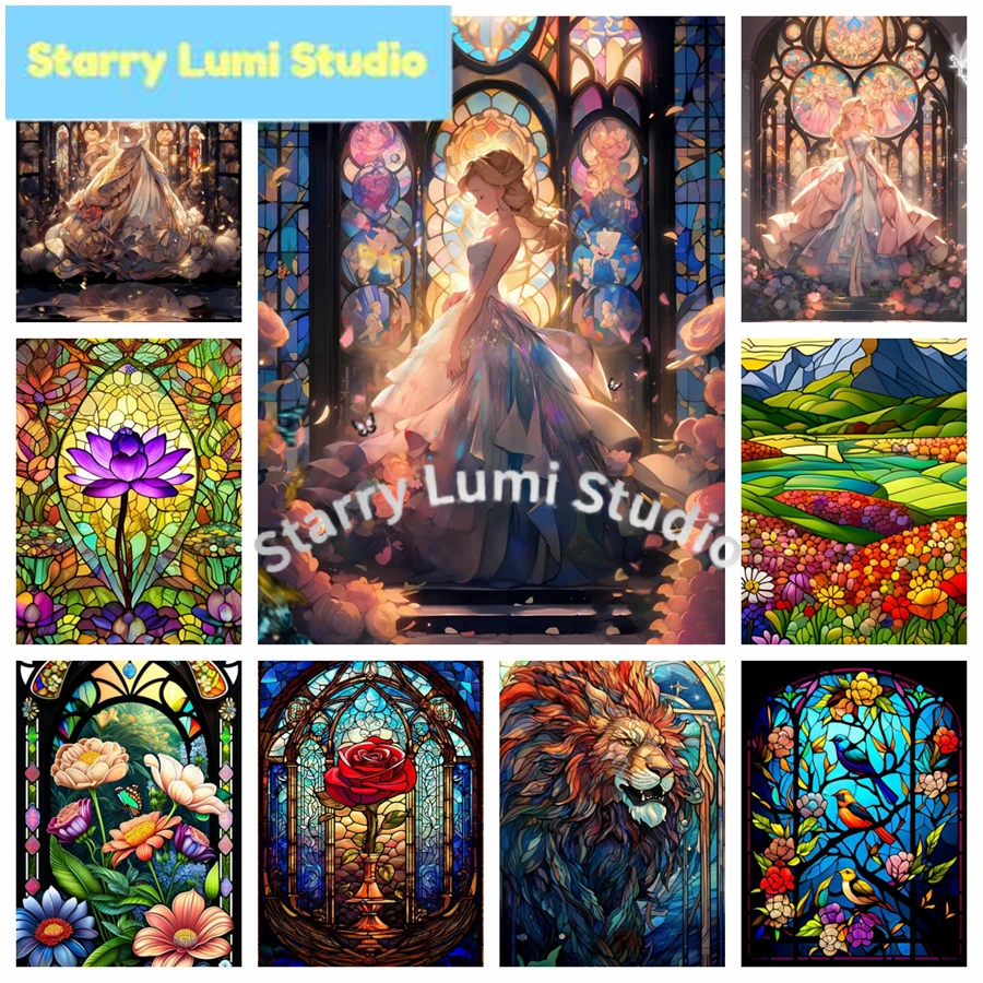 Cute Cinderella Castle 5D Full Diamond Painting Kits Colorful Rose Lotus Flower DIY Drills Mosaic Embroidery Cross-stitch Gift