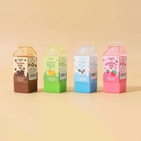 만화 미니 바나나 초콜릿 우유 지우개 세트, 먼지 적은 에코 PVC 청소 도구, 연필 사무실 학교 학생용, A3008, 4 개