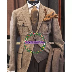 Men's Suit Jacket Inner Shirt Suit Pants Lapel Single-breasted Herringbone Wool Formal Elegant Suit Three-piece Set Casual