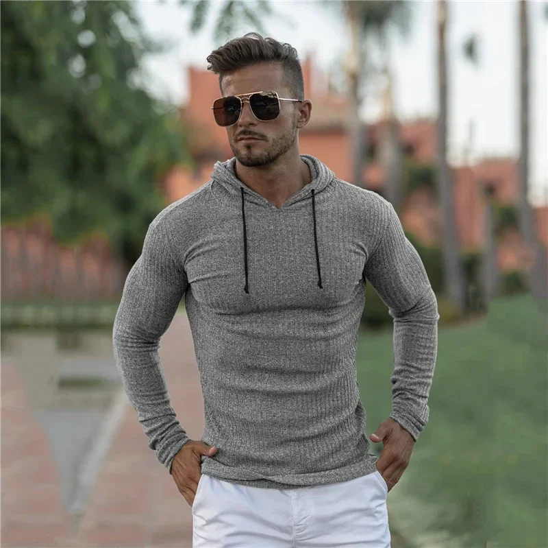 

Autumn Men Slim Fit Hoodies Stripes Casual Gym Fitness Pullover Sports Tees Shirts Knitted Hooded Long Sleeve Running T-shirts