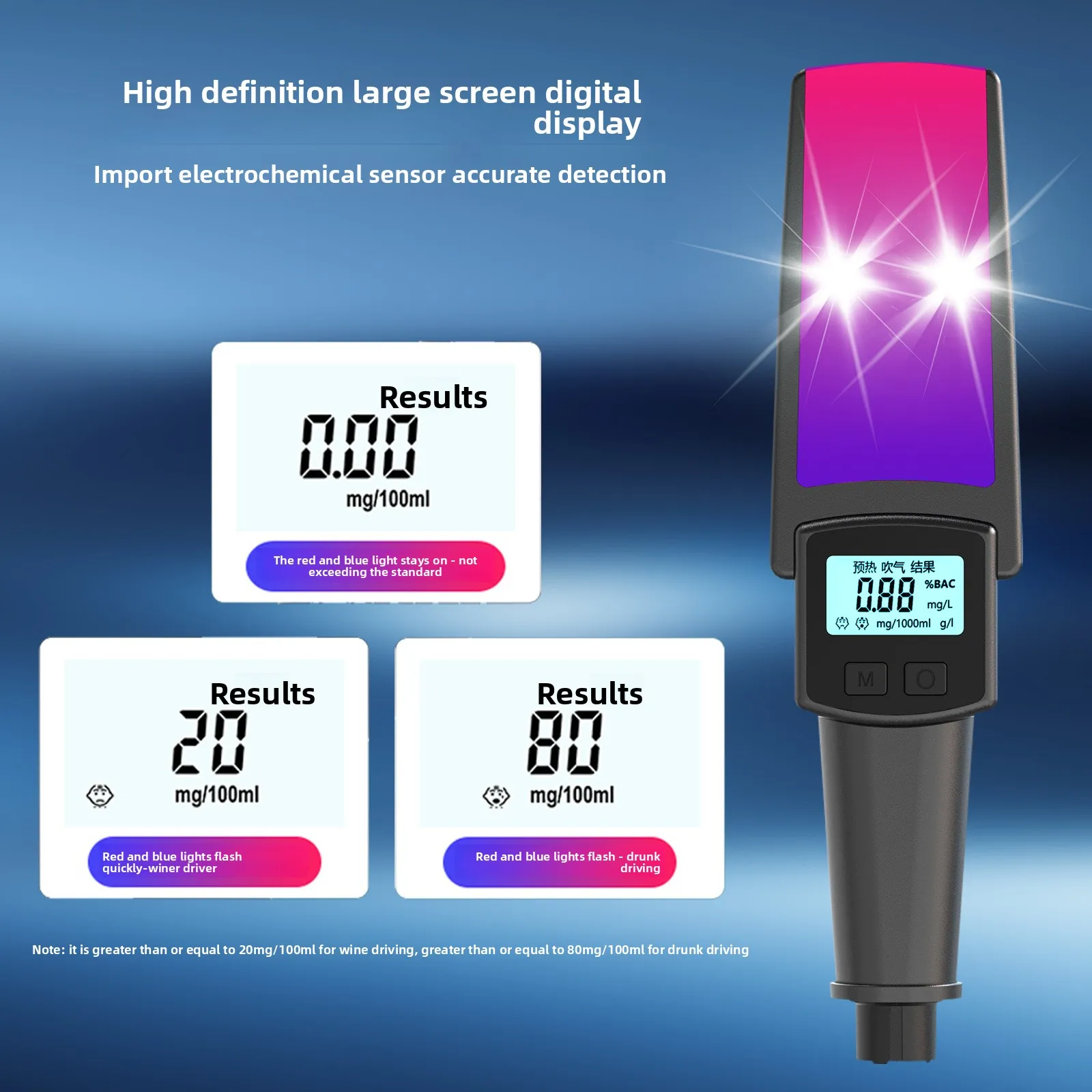 Mini handheld air blower with safety hammer, flashing light, voice announcement function, alcohol testing device, portable breat