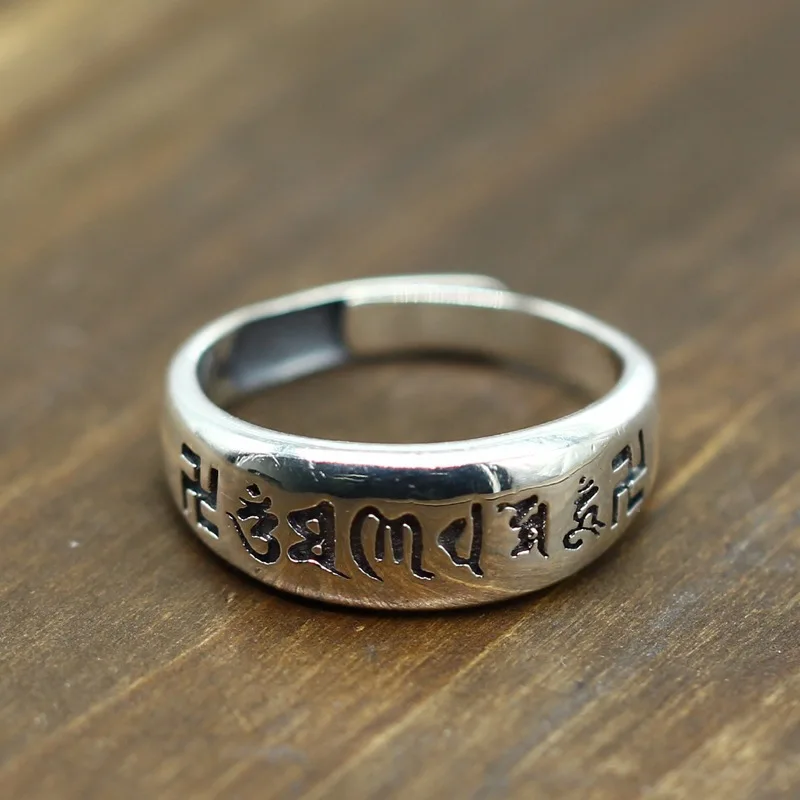 

Vintage ethnic style jewelry with six character mantra adjustment for men and women's simple and generous Thai silver ring, pure