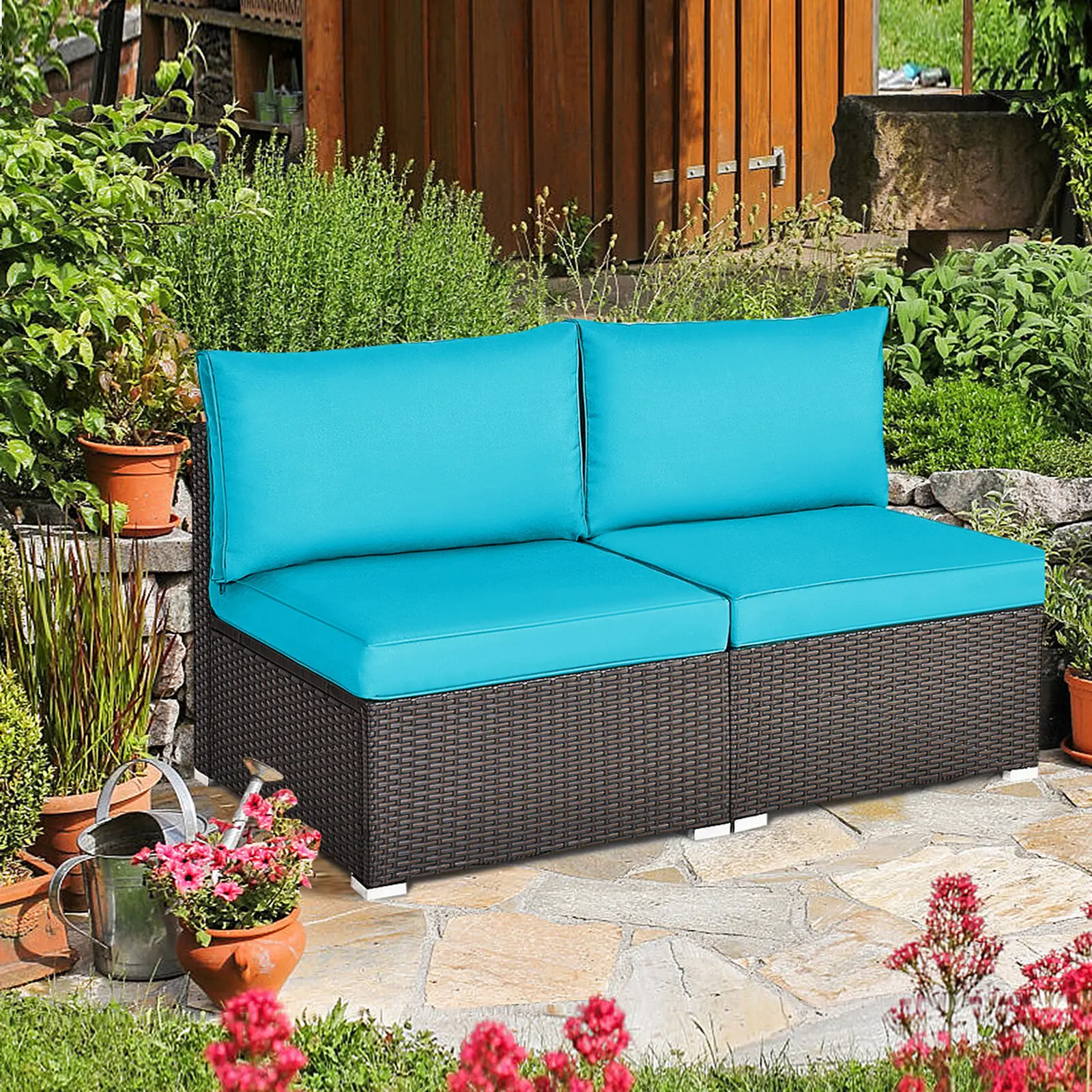 2 Stuks Patio Rieten Rotan Sectionele Armloze Stoel Sofa W/Turquoise Kussen