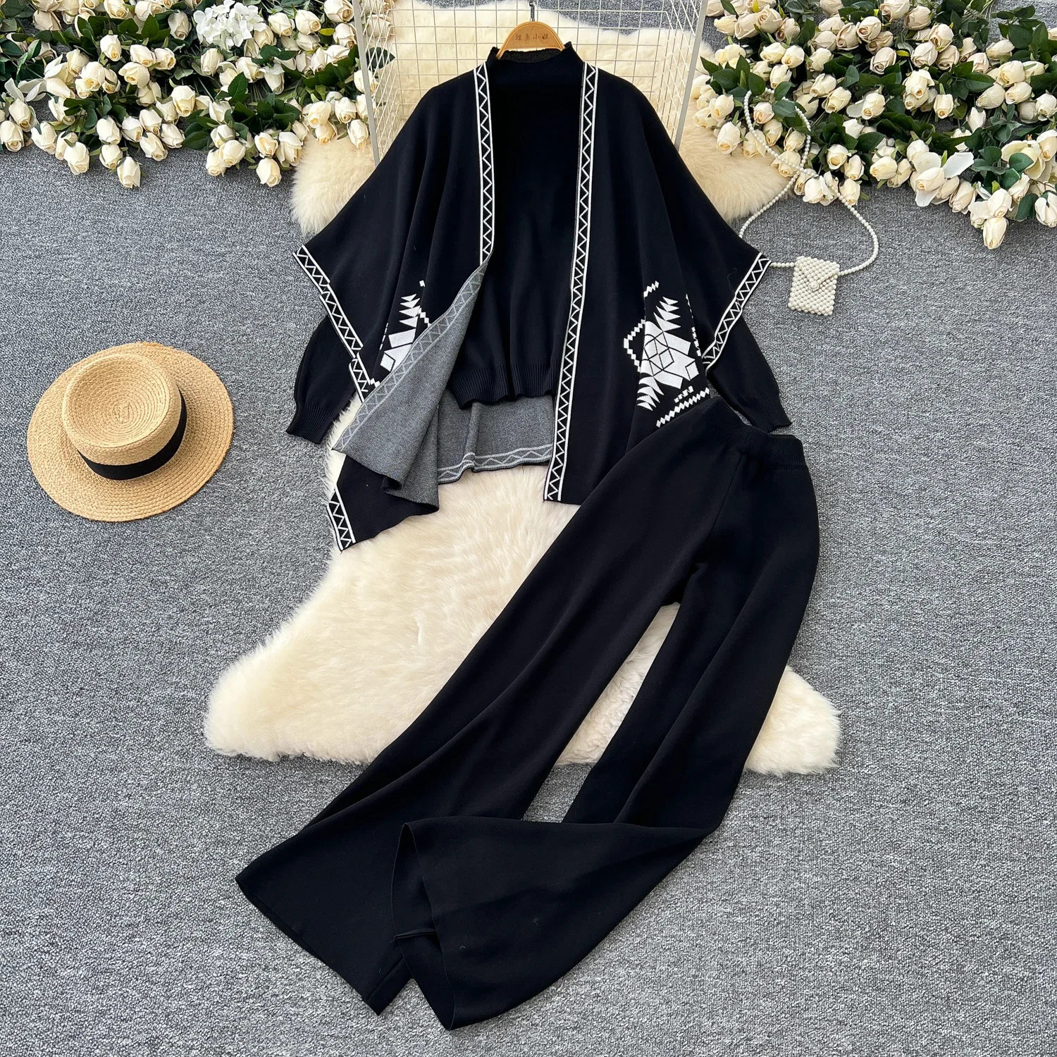 Chic Women Three-Piece Sets Knit Half High Collar Top Open Stitch Coat Slim Wide Leg Pants Korean High Street Vintage Clothing