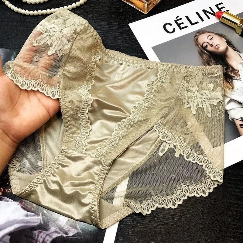 New Mid Rise Triangle Panties High End Satin Modal Underwear Women Oversized Buttocks Light Luxury Sexy Lace Cotton Crotch Brief