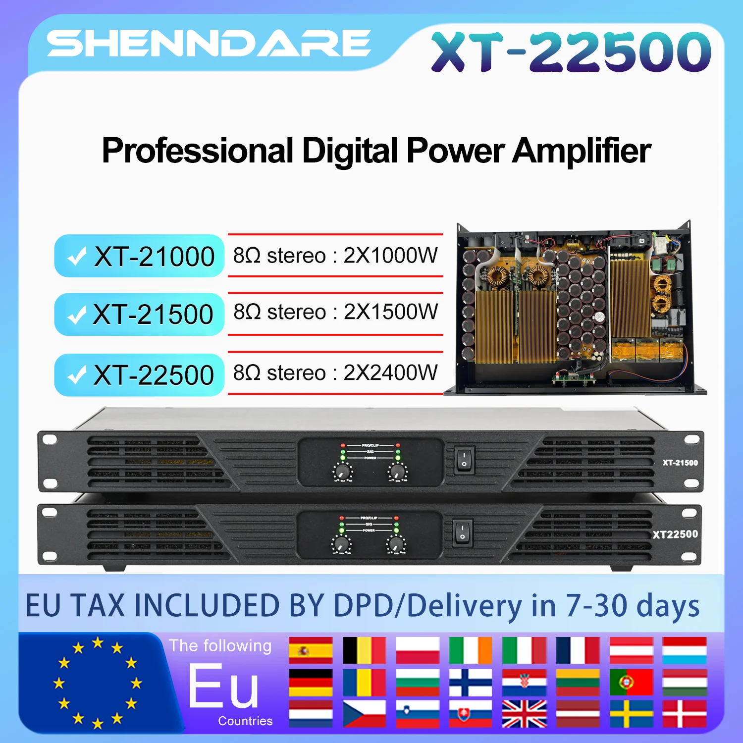 ShennDare XT22500 Professional Power Amplifier 2x2400W 8ohm DJ Subwoofer Amplifier 2 Channel Class D 2X3600W 4Ohm Speaker Preamp