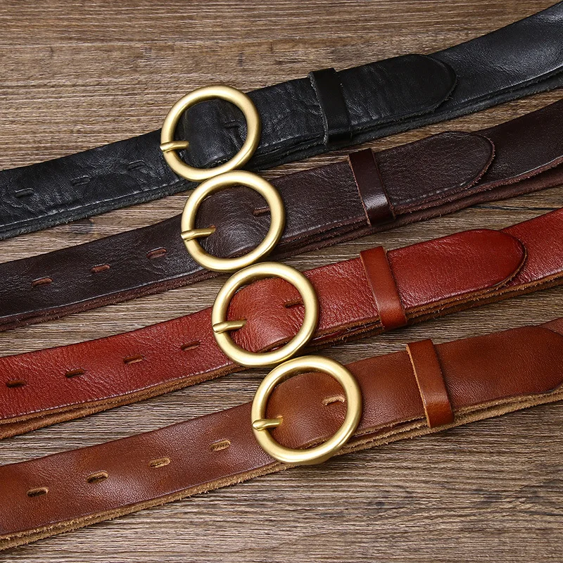3CM 너비 레트로 커플 스타일 원형 버클 벨트 천연 가죽 핀 버클 순수 소가죽 다용도 유니섹스 데님 벨트