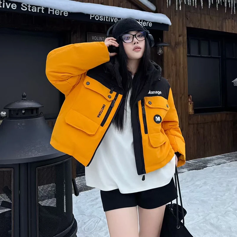

Winter Patchwork Hooded Down Jacket Women Long Sleeves White Duck Down Puffer Parkas Women Warm Thickened Short Jacket Outwears