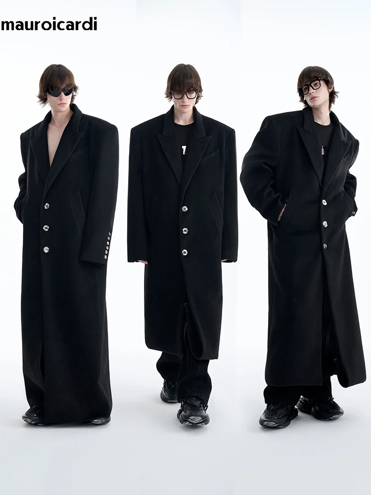 Mauroicardi Autumn Winter Oversized Extra Long Warm Black Wool Blends Coat Men Luxury Designer Floor Length Woolen Overcoat 2024