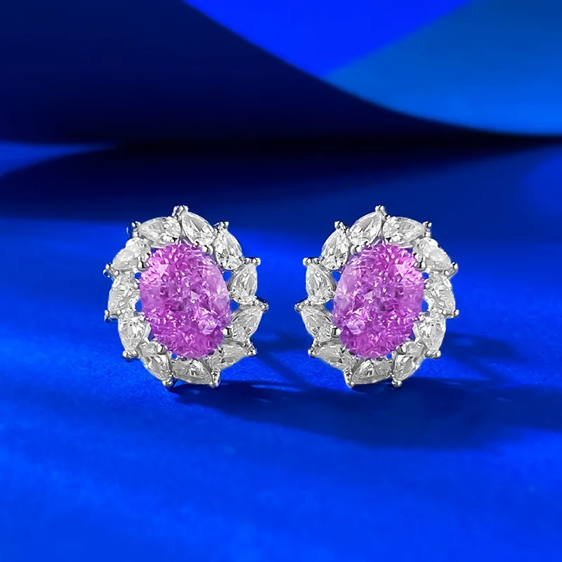 

New S925 silver 6 * 8mm oval hot powder ice cracked cultivation earrings sunflower retro style noble wedding jewelry