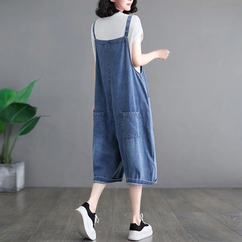 Vintage Blue Black Denim Jumpsuit Women Casual Loose Straight Wide Leg Short Cargo Pants Rompers Jeans Suspender Overalls ZL527