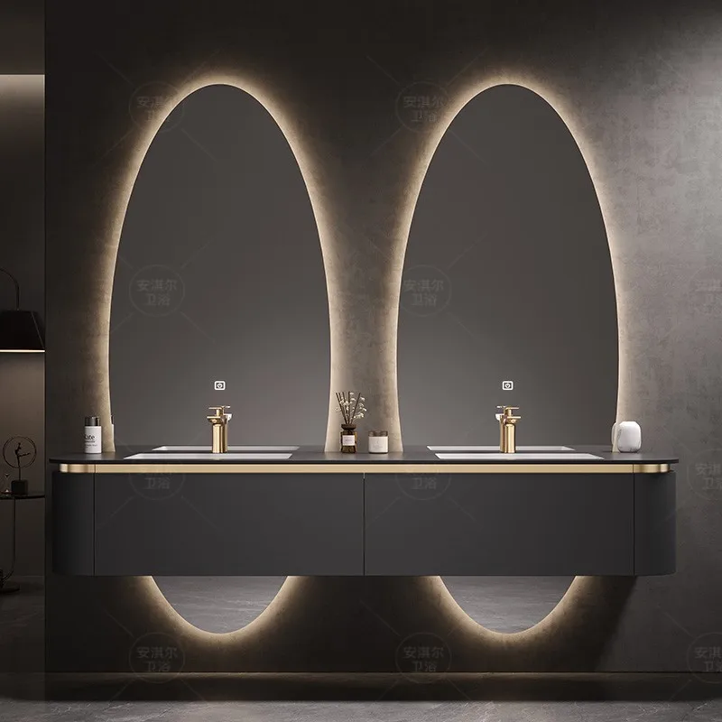 Customized Designer Oak Bathroom Cabinet Combination Light Luxury High end Double Basin Rock Plate Integrated Bathroom