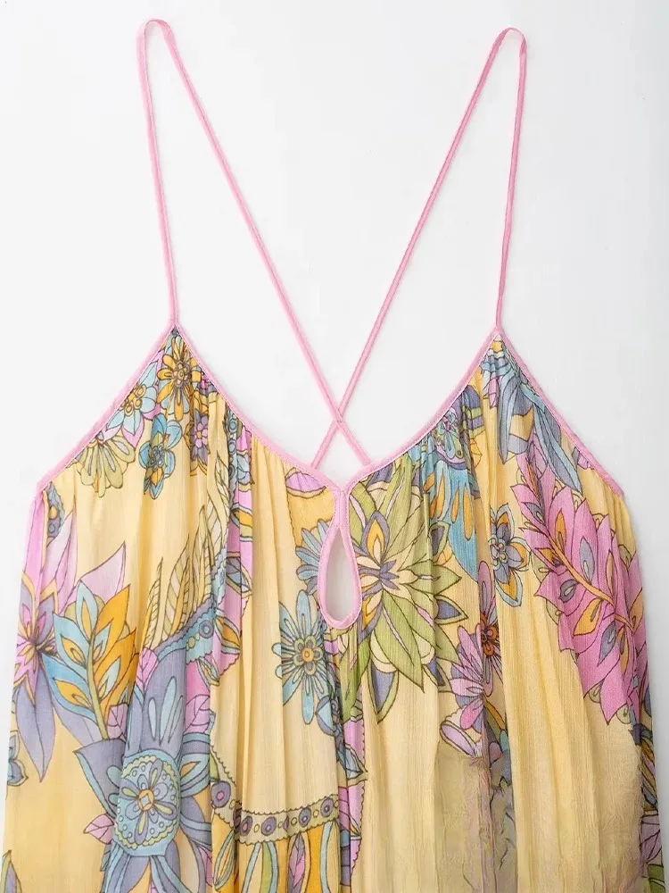KONDALA Sexy Floral Print Chiffon Print Loose Dress Women Cami Loose Beach Dress Fashion 2025 Summer Backless Female Dress