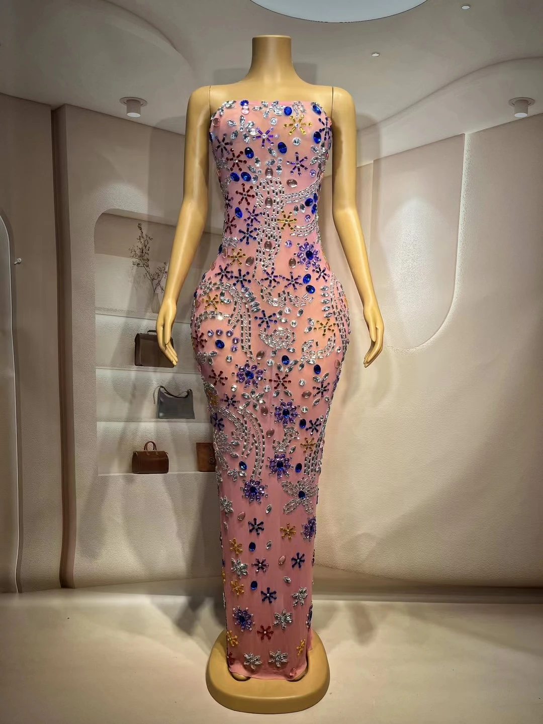 Tangren Sexy robe de soirée sans bretelles rose voir à travers maille bleu blanc strass longue robe de mariage Banquet robe de fête d'anniversaire