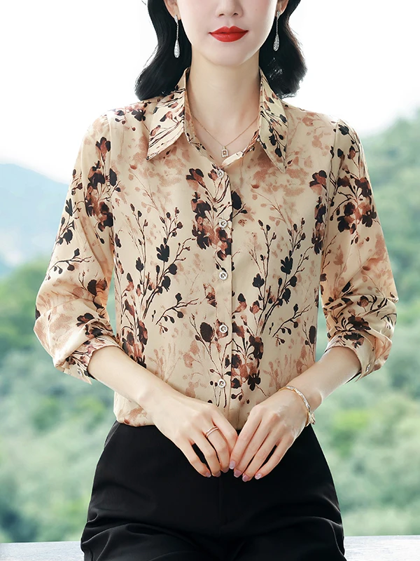 

Elegant Long Sleeve Printed Shirt Ladies Open Cardigan Collar Reducing Age Top Soft Silk Blend Spring Summer Fashion Shirt
