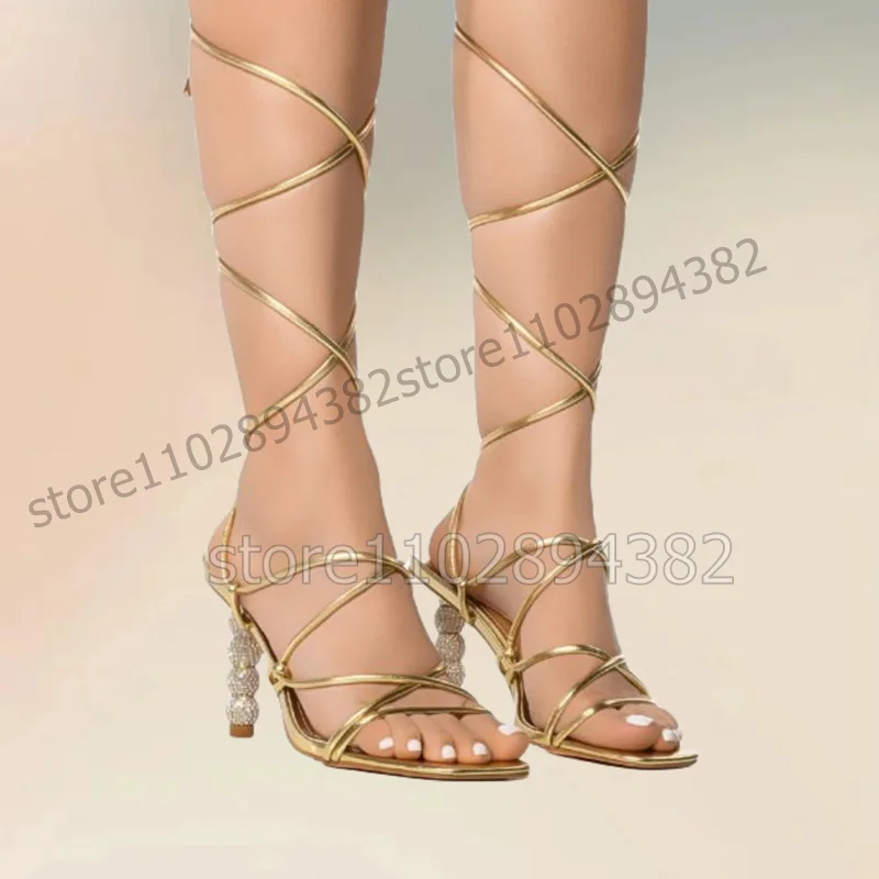 

Gold Strappy Strange Style Heels Twine Sandals Lace Up Women Shoes Open Toe Novel Fashion Party Summer 2023 Zapatos Para Mujere