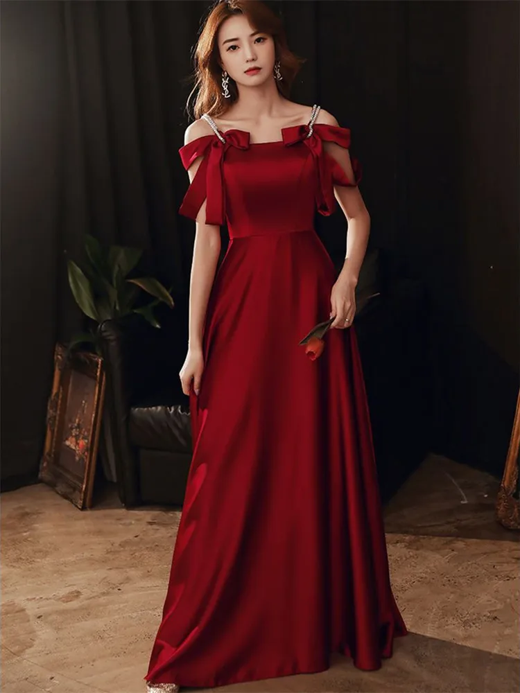 Elegant Dress Wine Red Solid Color Bow Diamond Long A-line Skirt Temperament Evening Gown M034