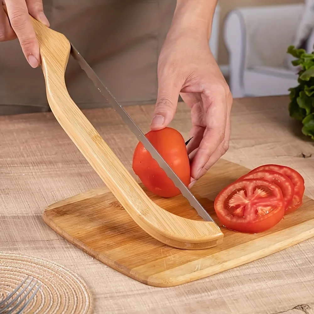 1pc Bow Shaped Sourdough Bread Knife Serrated Stainless Steel Blade with Bamboo Handle for Slicing Bread or Fruit Baking Tools