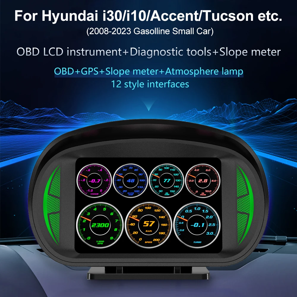 P2 HUD OBD2 Display Car GPS Speedometer Incliometer Oil Temperature Fuel RPM Gauge for Hyundai i30/Accent/Tucson/Verna 2008-2023