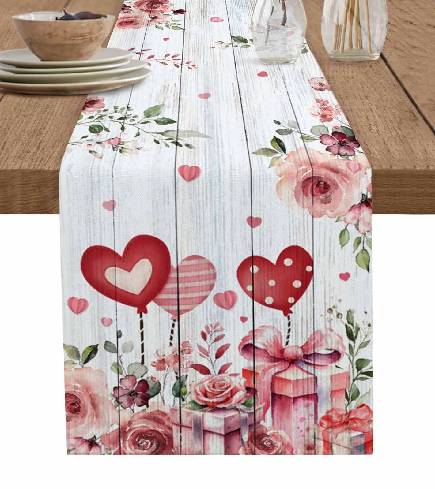 

Valentine'S Day Rose Wood Grain Plant Flower Heart Table Runner Wedding Table Mat Centerpieces Decoration Dining Long Tablecloth