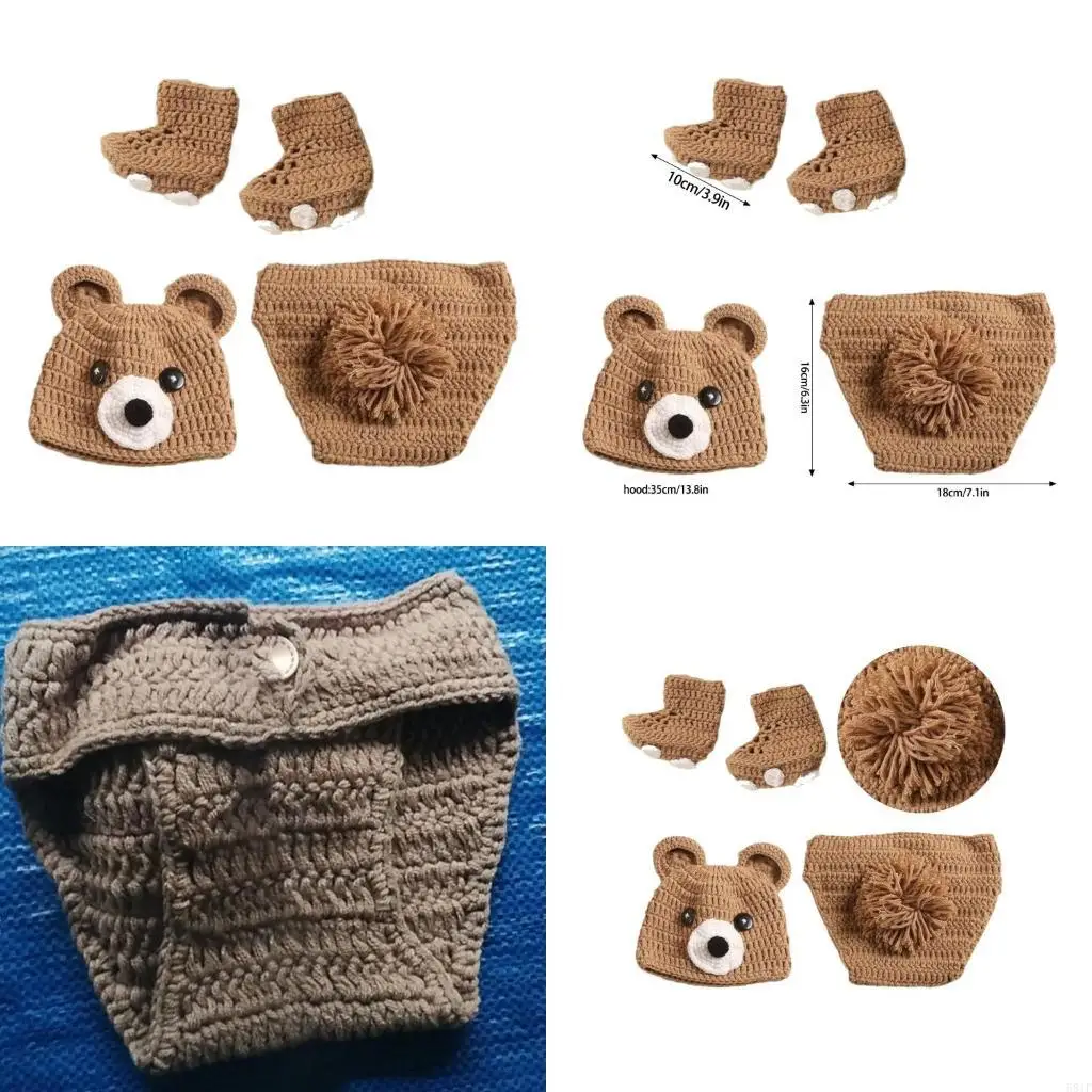 581F 3 個かわいいクマ新生児写真撮影衣装ソフトで暖かいニット衣装赤ちゃんの写真撮影用のマッチングシューズ付き