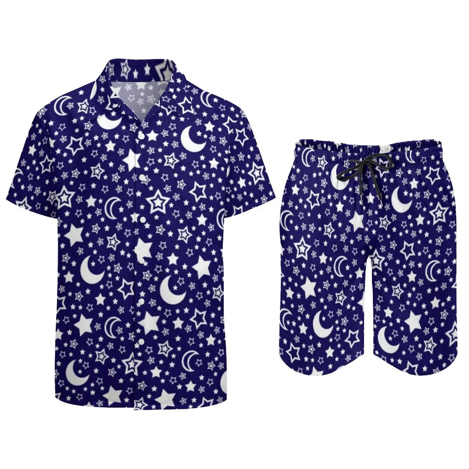 Conjunto de camisa informal con estampado de Luna y estrellas para hombre, pantalones cortos personalizados de manga corta, traje de playa de verano, talla grande 2XL 3XL