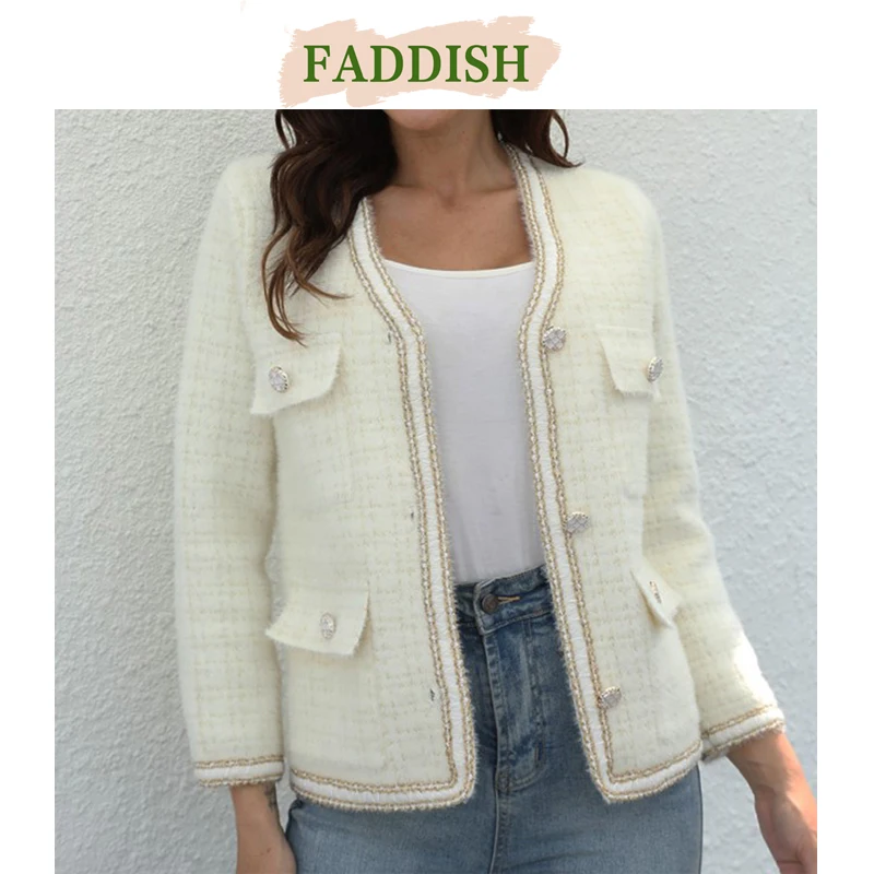 FADDISH 2024 Autumn Winter Women Fashion Loose Single Breasted V-Neck Knit Cardigan Female Casual Long Sleeves Pockets Outerwear