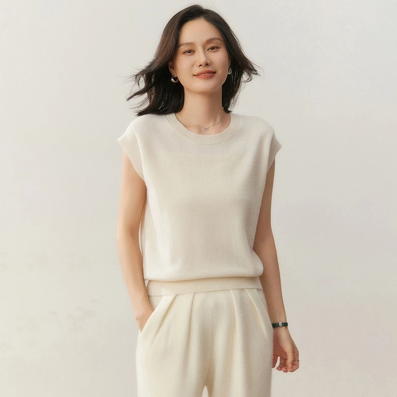 

100% pure cashmere pullover vest autumn/winter new women's vest casual solid color knitted short sleeved sweater round neck Tops