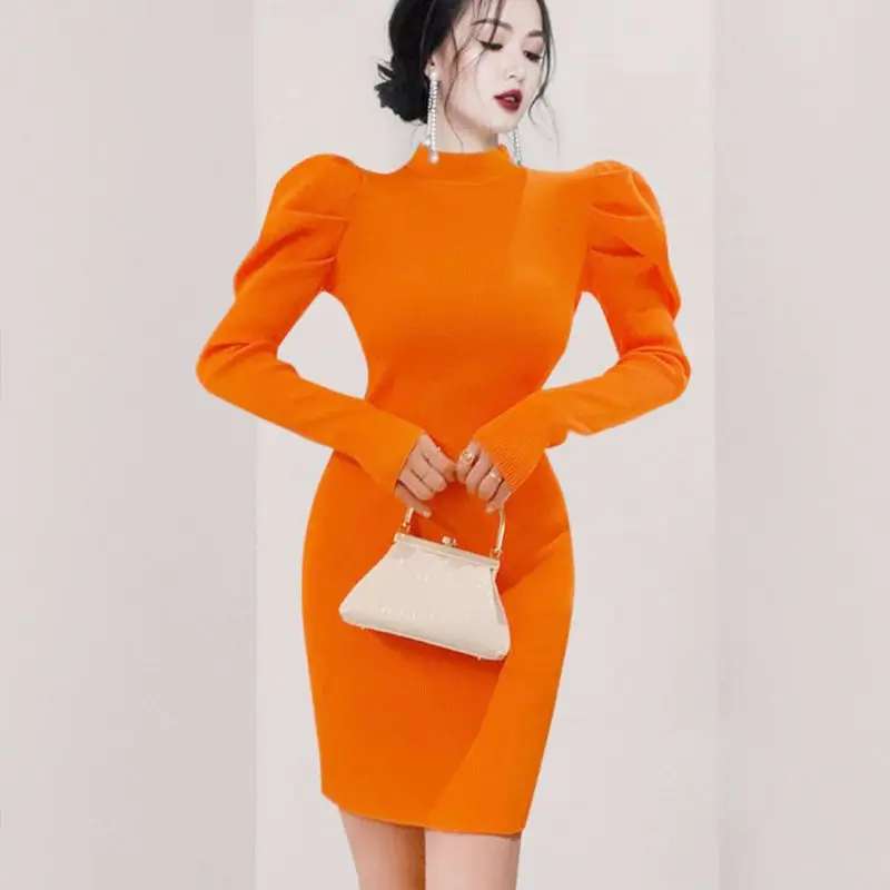 Pink Crochet Female Dress Knit Extreme Mini Women\'s Dresses Black Turtleneck Solid Short Clothing Trendy Offer Elegant Hot Y2k