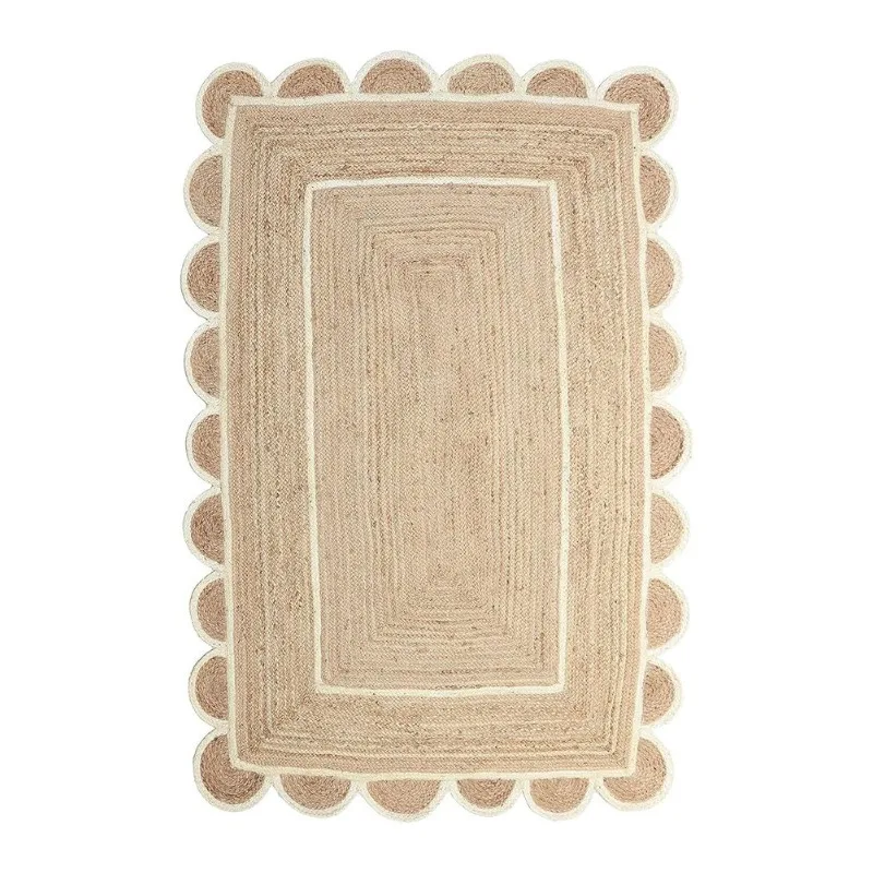 

Jute Rug Natural Braided Style Scalloped Edge White Trim Rectangle Area Jute Rug