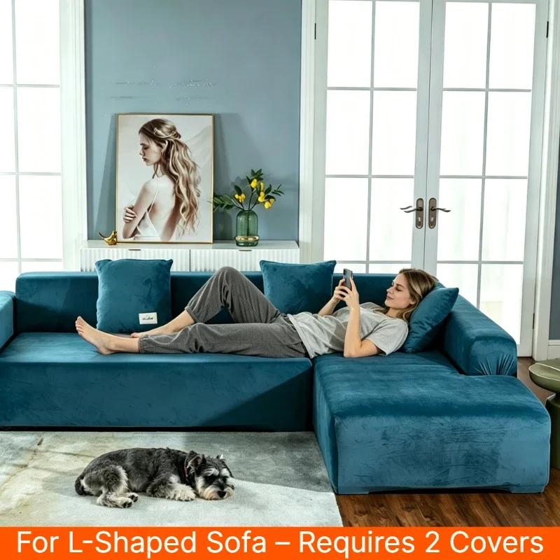 Elastic Silver Fox Velvet Sofa Cover, Stretch Non-Slip Couch Protector, Anti-Pet Scratch Thick Plush Slipcover for 12 3 4 Seater