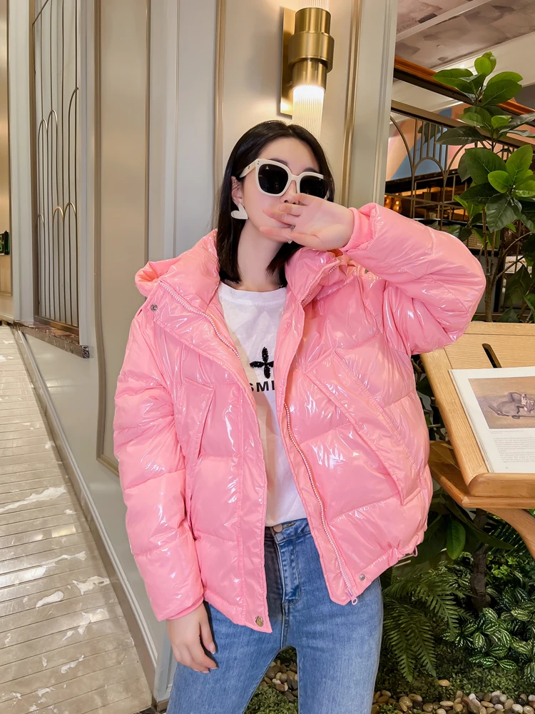 Candy Colors Hooded Glossy Cotton-padded Coat Women Short Warm Parkas 2023 Winter Casual Long Sleeve Cotton-clothes Outerwear