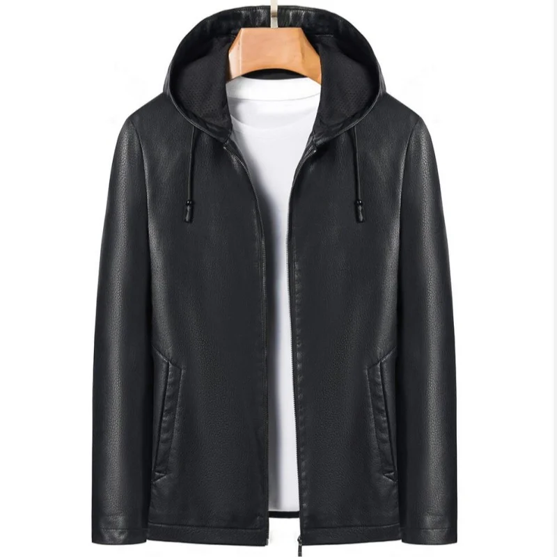 

Spring And Autumn Thin Men's Youth Leather Jacket Plus Velvet Hooded Casual Wear Fashion Available In Thickness Mens Jacket