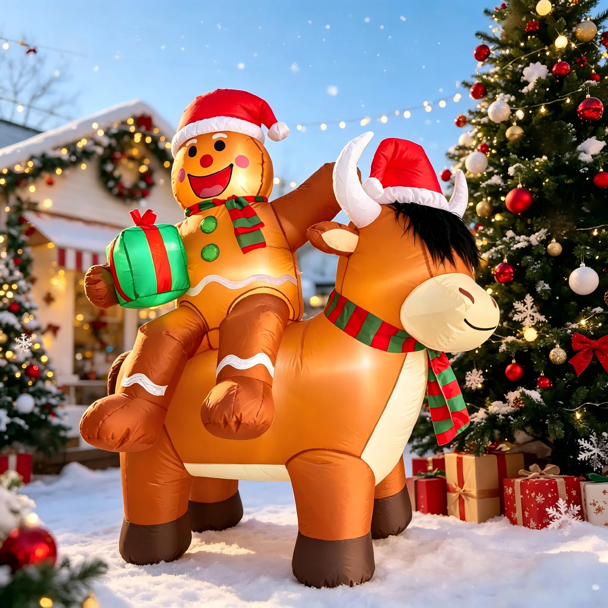 6FT Christmas Inflatables Gingerbread Man on Highland Cow Outdoor Decorations, Gingerbread Blow Up with Built-in LED Lights, Inflatable Gingerbread Christmas, Christmas Inflatables for Yard, Lawn, Porch and Christmas Holiday Party Decor
