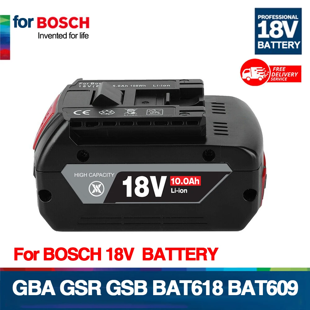 18V Battery 10.0Ah for Bosch Electric Drill 18V Rechargeable Li-ion Battery BAT609, BAT609G, BAT618, BAT618G, BAT614 + 1Charger