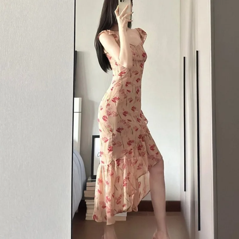 Kobiety Lato Francuski Wdzięczny Nadruk Sukienka bez rękawów Syrenka 2025 Nowa Dama Eleganckie różowe sukienki z falbankami w kwiaty Asymetryczne sukienki