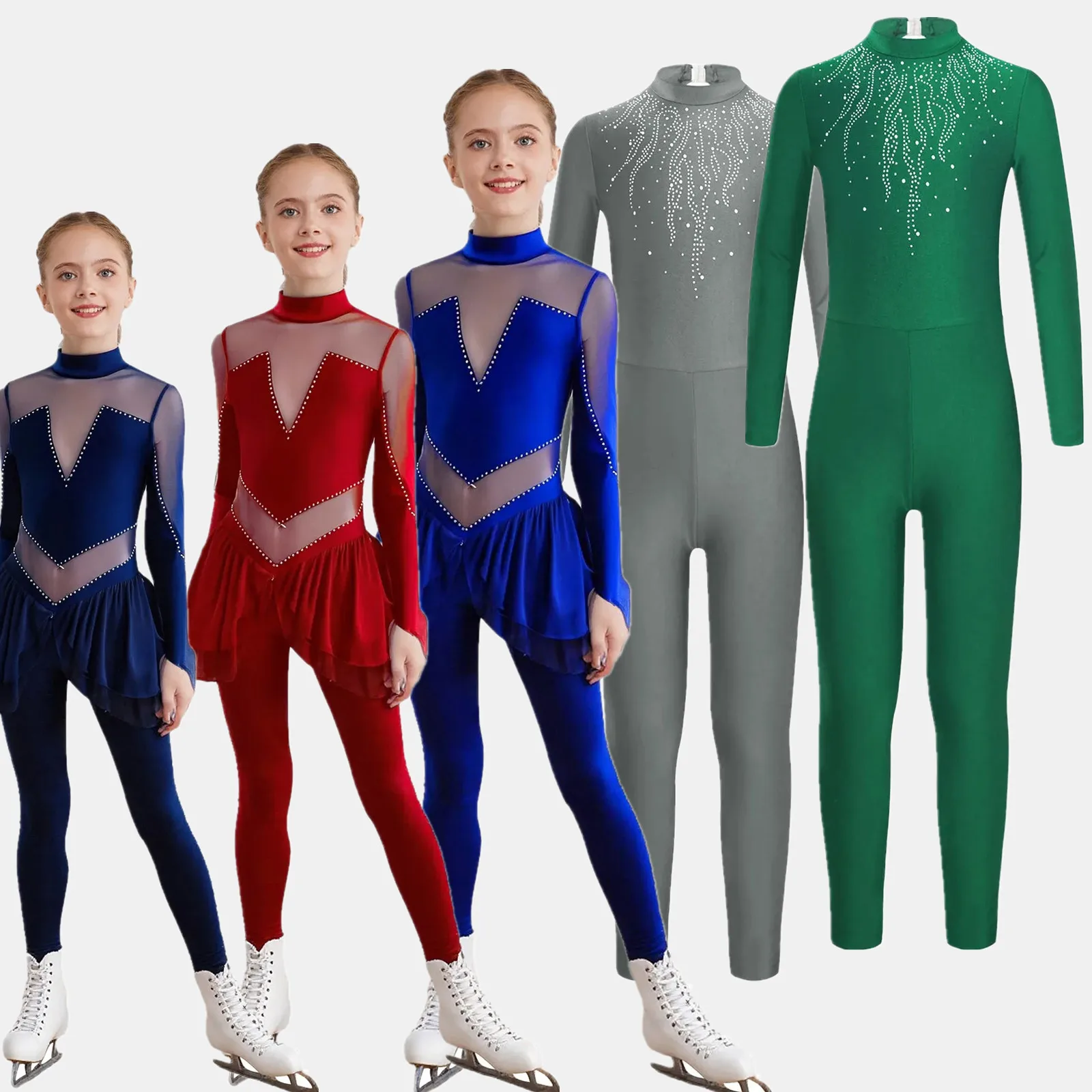 Kids Girls Rhythm Gymnastics Figure Skating Ballet Leotards Performance Unitards Jumpsuit Sheer Mesh Shiny Rhinestones Bodysuit