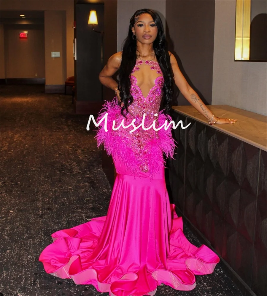 Luxury Rhinestone Hot Pink Prom Dress Mermaid Plus Size Feather Birthday Dress Illusion Aso Ebi African Evening Gown Customized