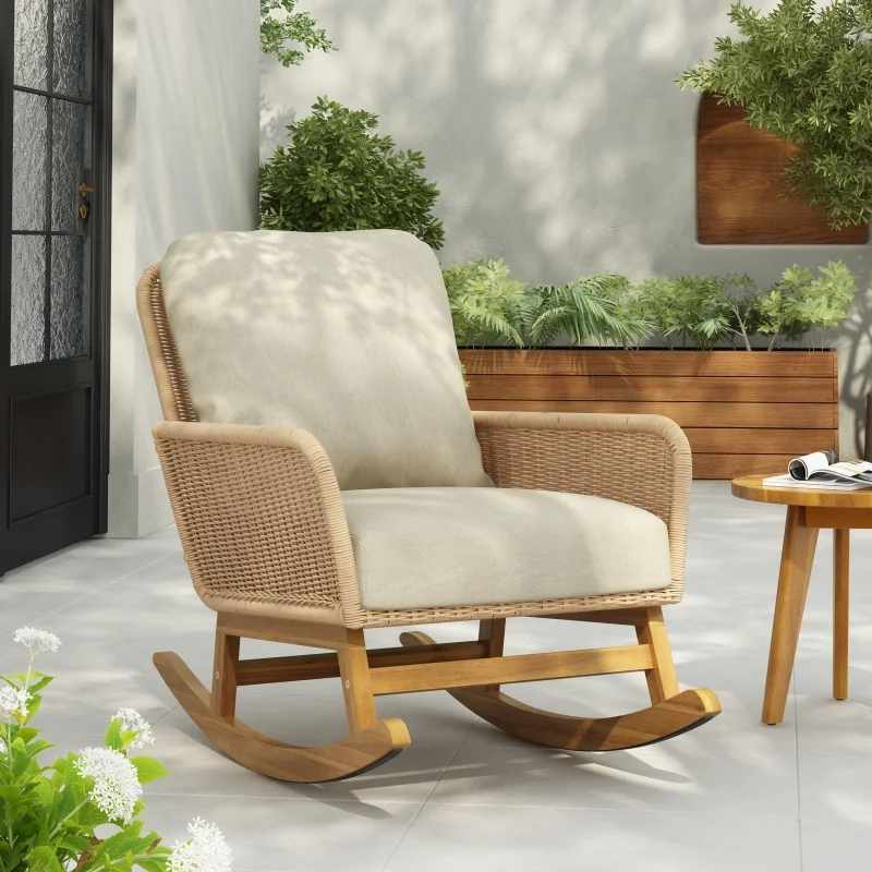 

# Minimalist Beige Wicker Rocking Chair With Soft Polyester Cushions And Durable Wooden Frame For Patio
