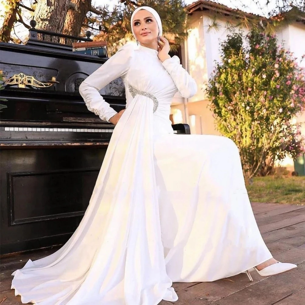 Vestidos De Noche De sirena De satén blanco romántico, cuello alto, mangas completas, vestidos De fiesta De boda De invierno, Vestido De Jersey con cuentas, 2024