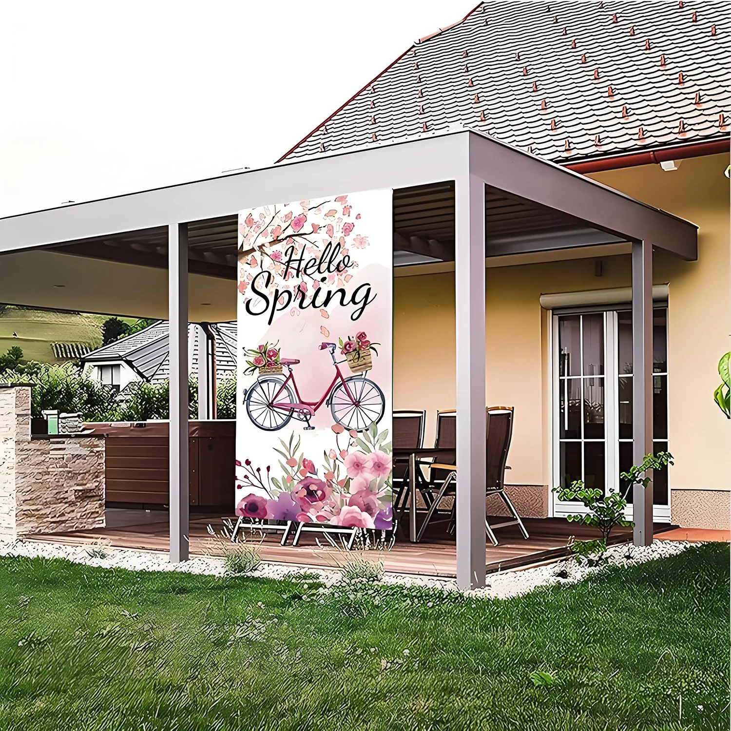 Hello Spring Door cover decorated with colorful flower banners Butterfly Green truck Spring seasonal outdoor items view 3