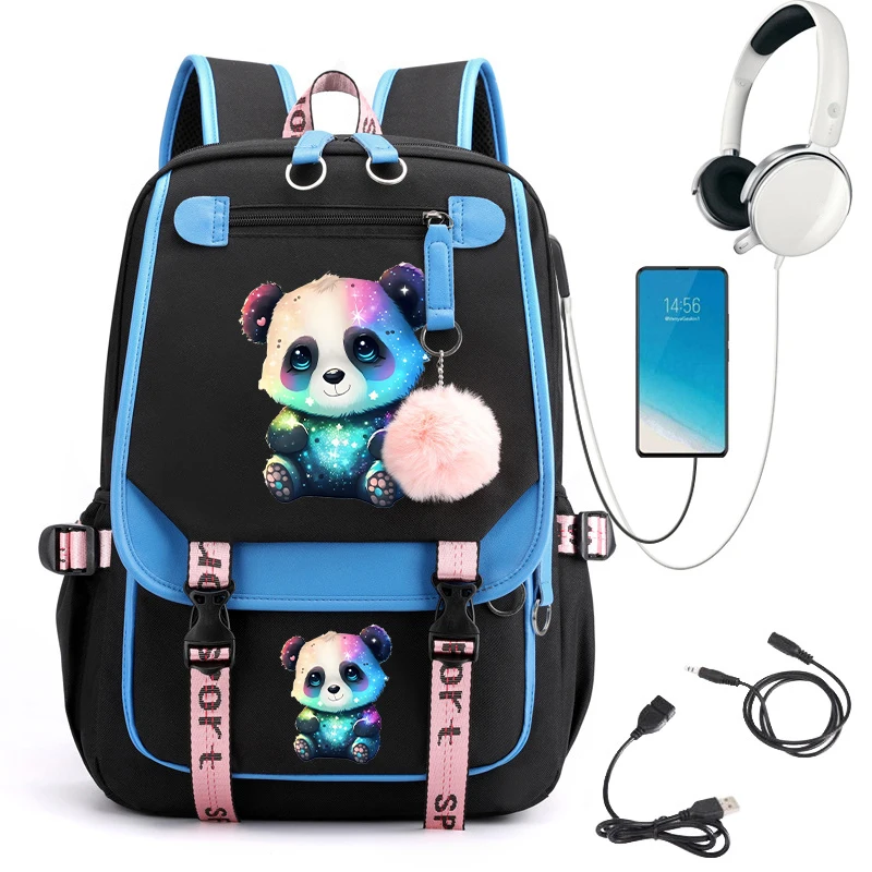 Mochila escolar de dibujos animados para adolescentes, morral escolar con diseño de Panda, carga Usb, Kawaii