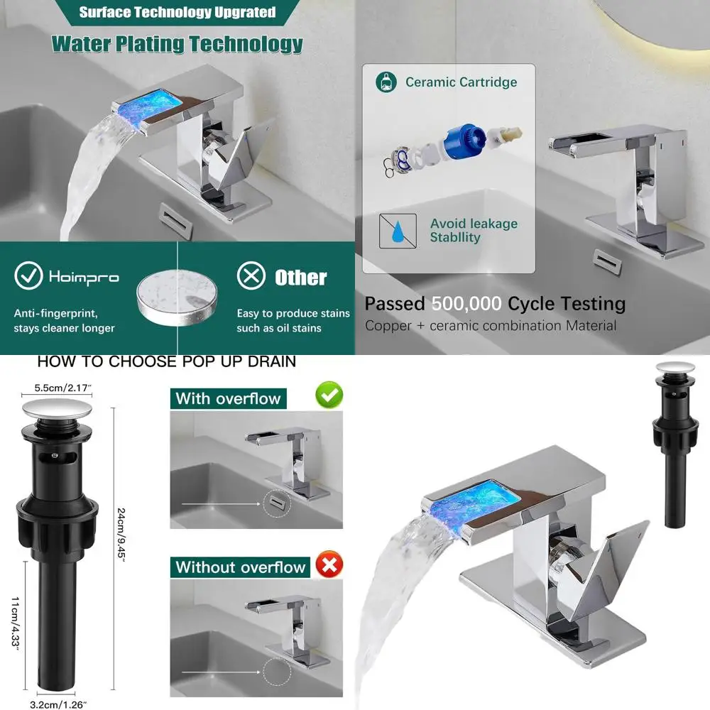 

Polished Chrome LED Waterfall Single Handle Bathroom Sink Faucet, 3-Color Light Changing, Pop-up Drain & cUPC Supply Lines, Stai