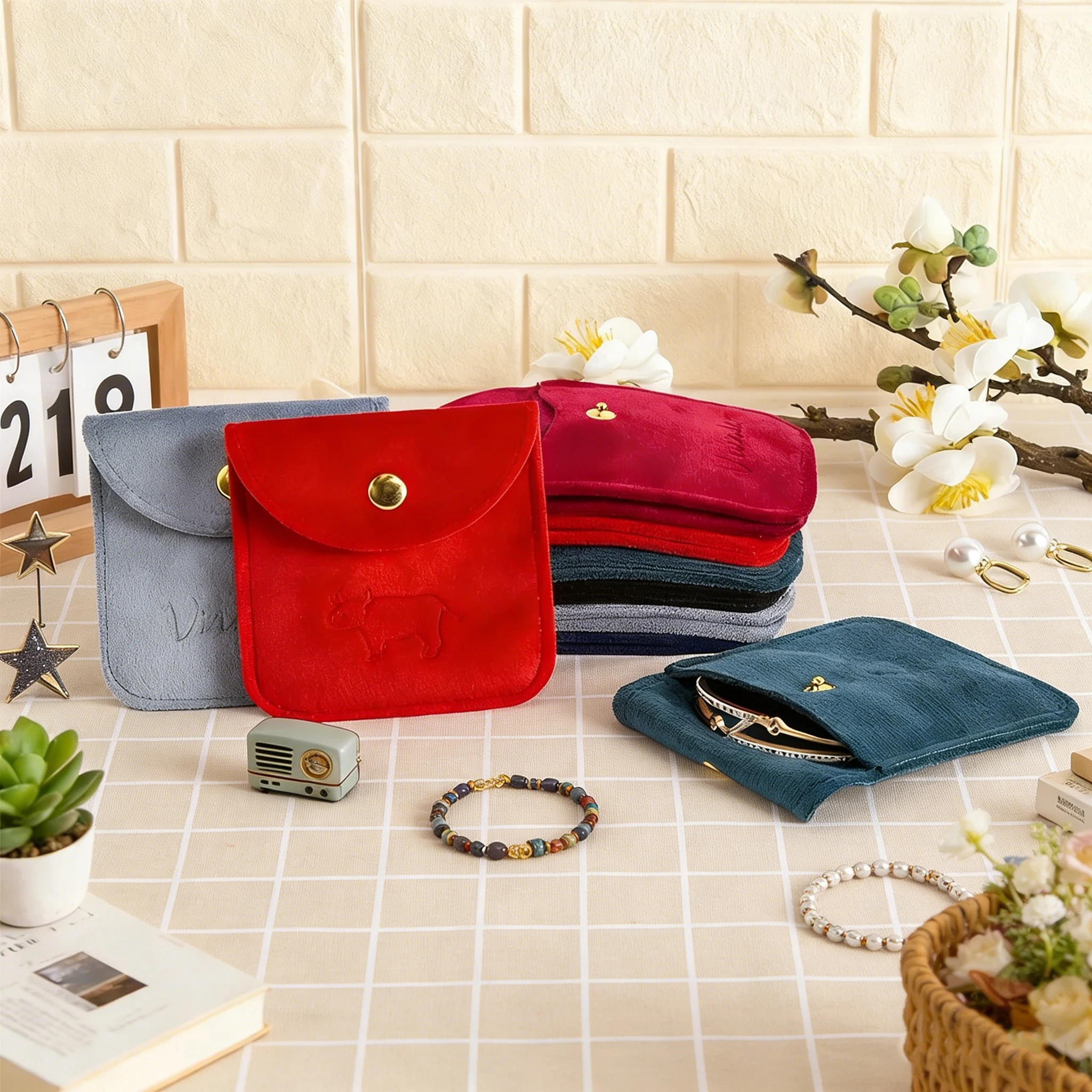 

Luxury Fine Jewelry Pouch Velvet Suede Jewellery Packaging Bag with Custom Logo for Necklace Earring Bracelet Rings Snap Package