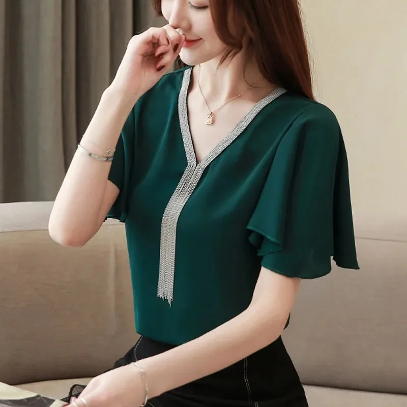 New Summer Women Short Sleeve Shirts Chiffon Women\'s Tops and Blouses Green Woman Clothing V-Neck Lady V Neck Blusas 3897