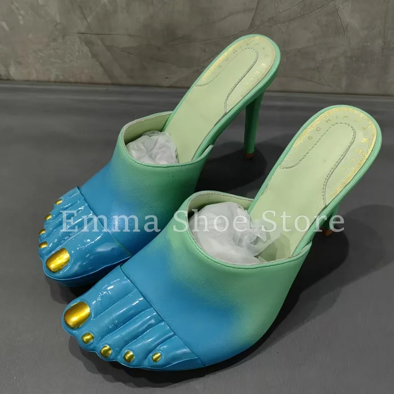

New Gradient Blue Mules High Heel Slippers Genuine Leather Golden Toes Slides for Lady Elegant Office Party Woman Dress Shoes