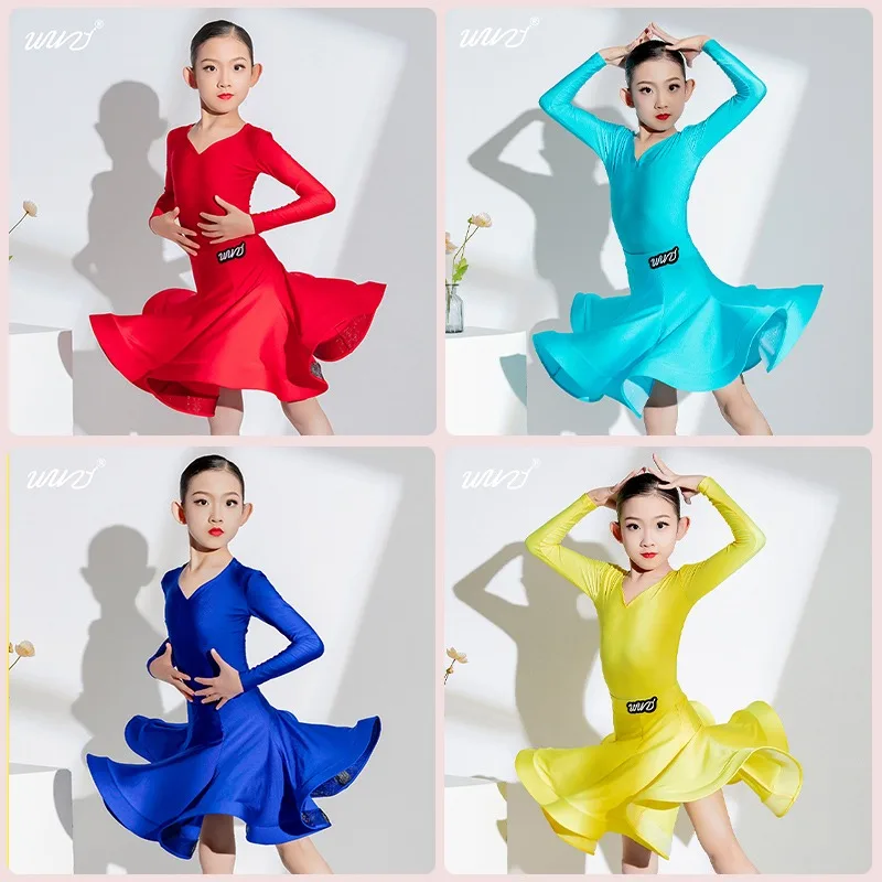 ラテンダンス衣装、ダンシングガールズ、特別な機会のための光沢のあるヨーロッパスタイルの春夏子供服