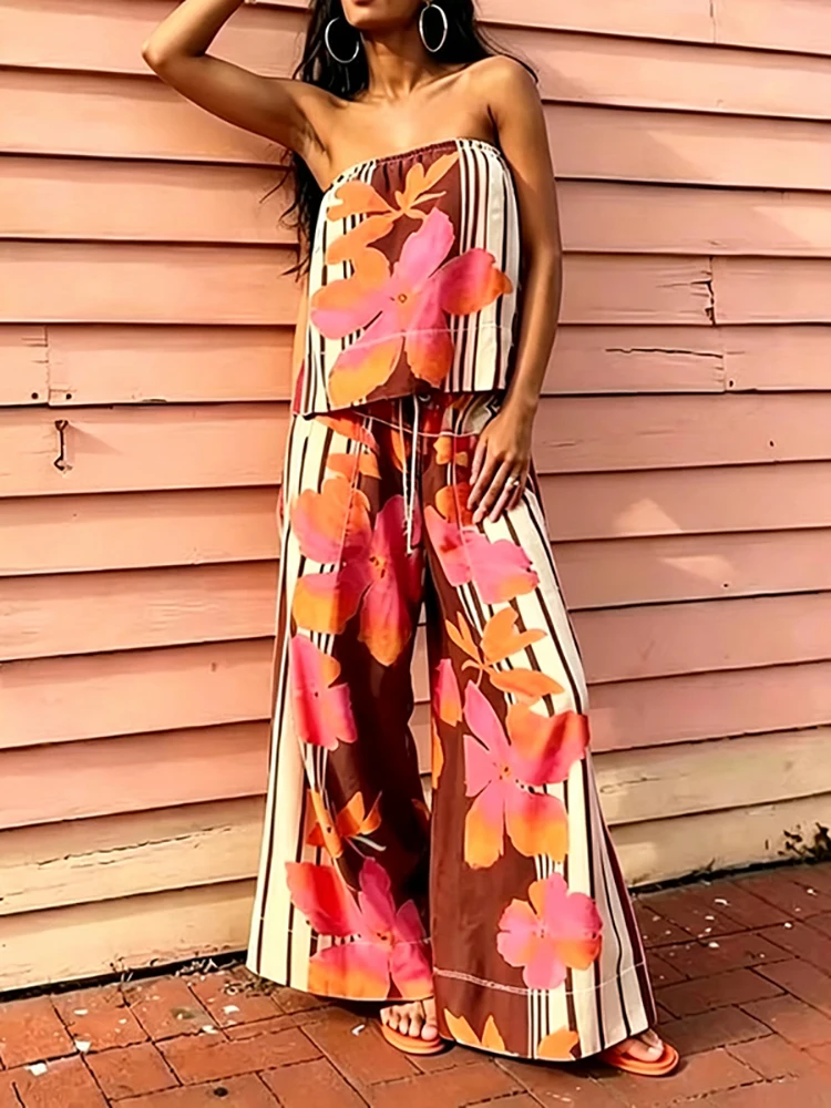 Fashion Sleeveless Summer Outfit Sexy Strapless Top & Wide Leg Pants Beach 2 Piece Set Flower Print Backless Casual Women's Set